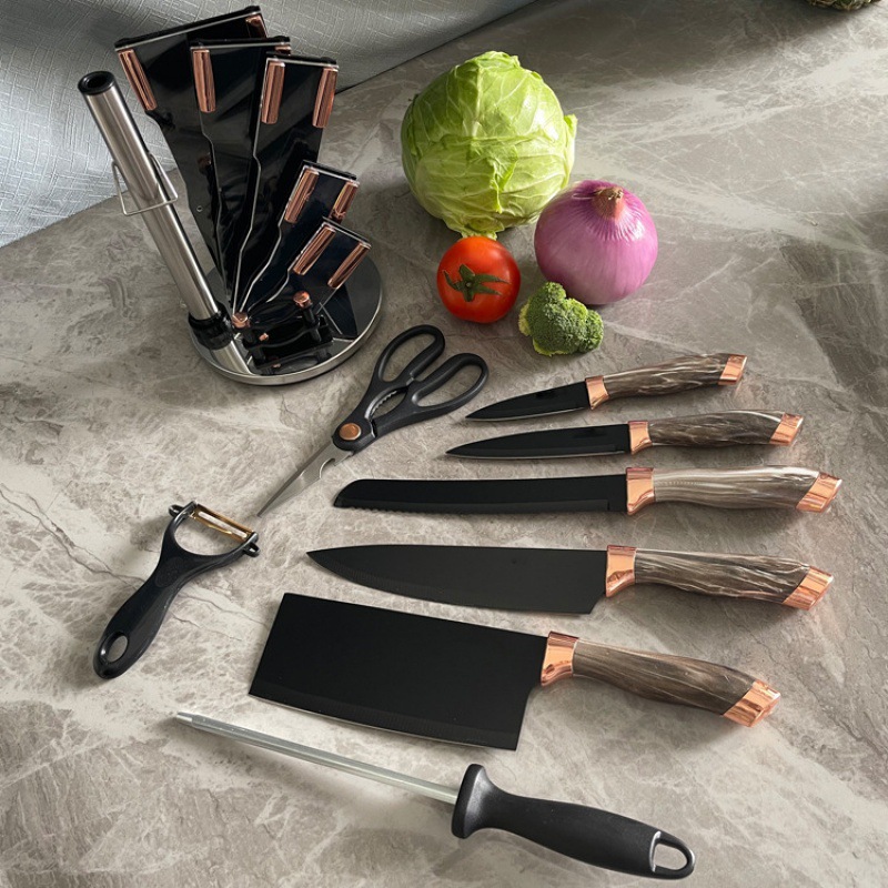 En stock mango de mármol conjunto de 9 piezas de estilo occidental antiadherente cuchillo de cocina oro rosa giratoria cuchillo titular al por mayor