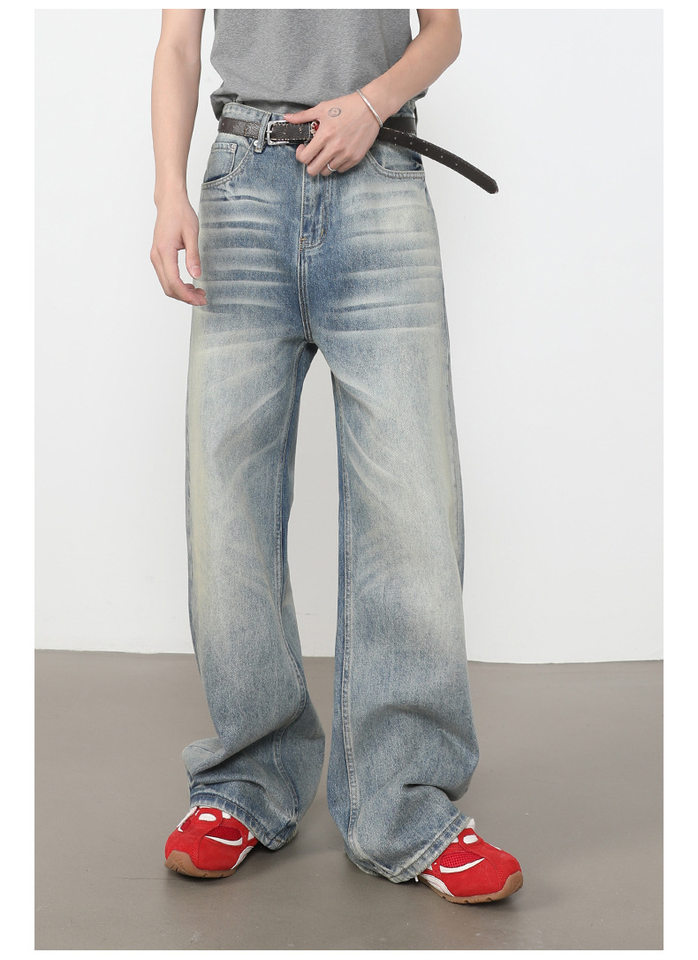 Quần jeans nam ống rộng dáng thẳng lưng giữa, phong cách retro, dài chấm gót — màu xanh chi tiết 8