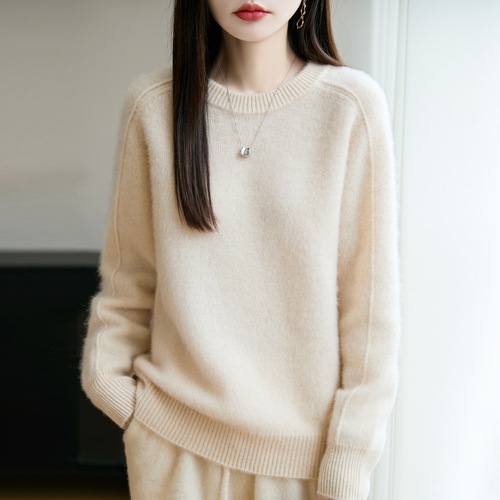 Soft waxy warm wool sweater for women, 100 pure wool autumn and winter new round collar loose solid color knitted sweater base shirt