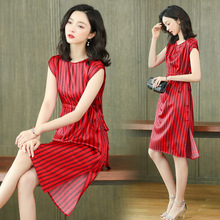 真丝连衣裙潮流舒适夏中新款休闲高端女装纯色显气质带腰带