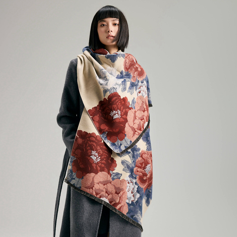Vintage estilo nacional imita bufandas de cachemira elegante peonía corta barba larga chal cálido invierno grueso buñuelo