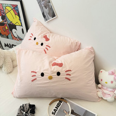 単品/ウォッシュドクラウドコットン かわいいピンク猫タオル刺繍 シングルペア 漫画枕カバー 48*74 芯なし