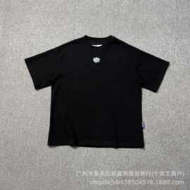 跨境美潮ADWYSD小标字母印花短袖夏季男女宽松休闲太阳卷华夫格衫