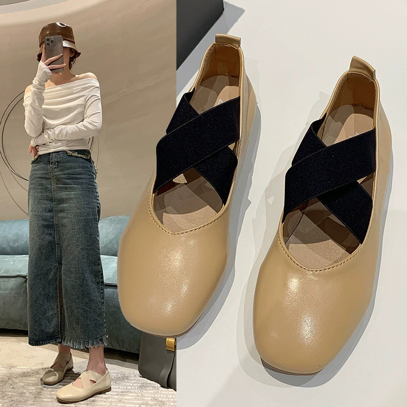 2024 Новые ретро-балетки женские французские туфли с мелким ртом и перекрестными ремешками, однослойные Туфли с круглым носком, туфли Мэри Джейн
