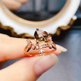 新款天然茶水晶戒指S925银镶嵌主石8*8mm百搭网红爆款女饰批发