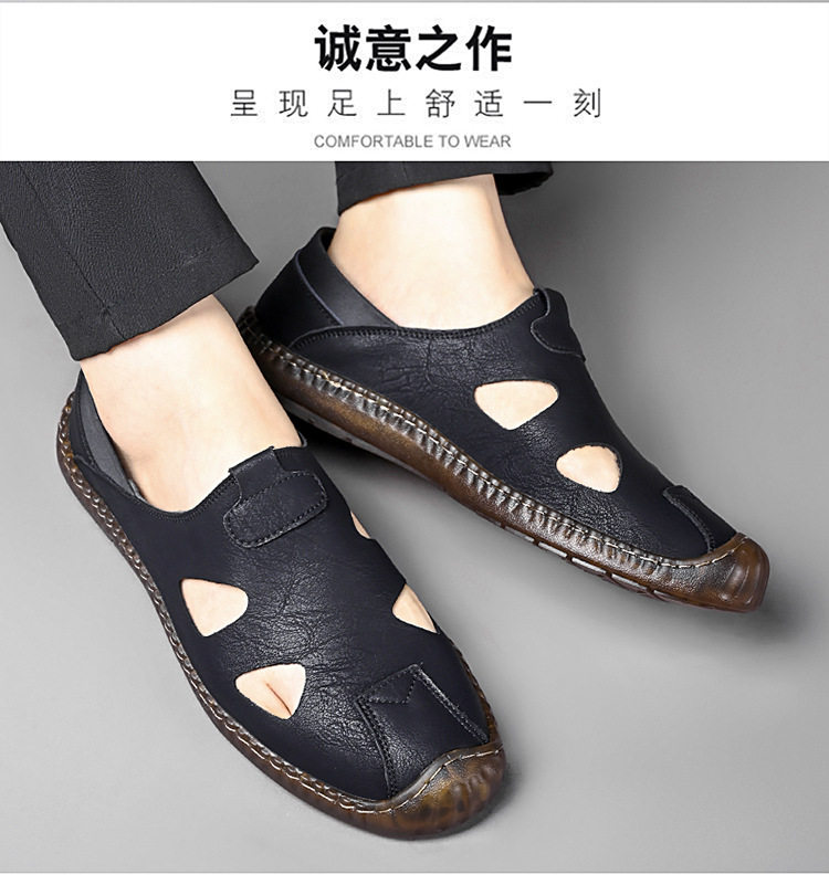 Giày sandal da nam thủ công đan dây, thoáng khí khoét lỗ, kiểu bao đầu — Màu kaki, màu đen chi tiết 9