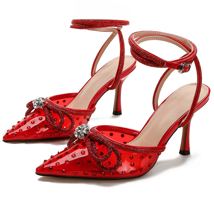 New rhine-diamond transparent high heel sandals women's fine heel pointed high heels with a line with a bun head_voghion.com
