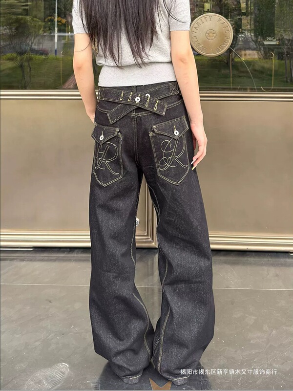 Cross-border American-style Paris buckle embroidered jeans for women, 2026 new model, raw denim black clea Cross-border American-style Paris buckle embroidered jeans for women, 2026 new model, raw denim black clea