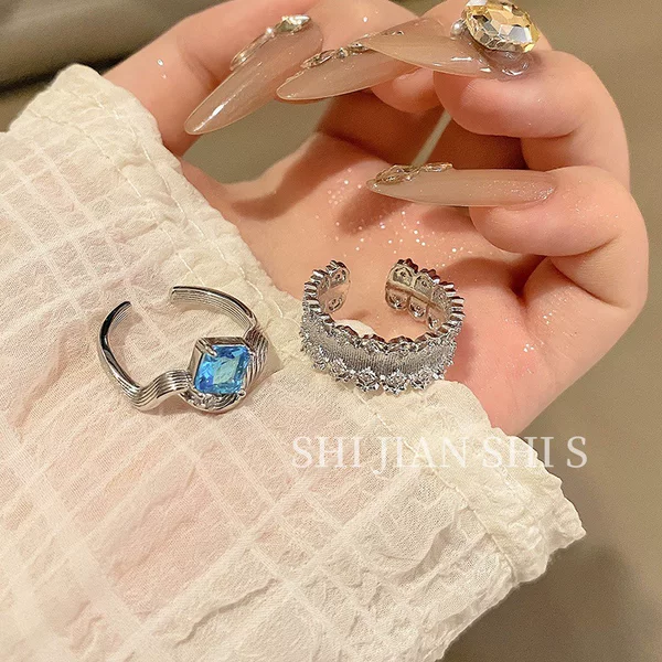 Simple Retro Wide Brushed Open Ring Women's Niche Design All-match Wave Blue Zirconium Elegant Finger Ring Accessories