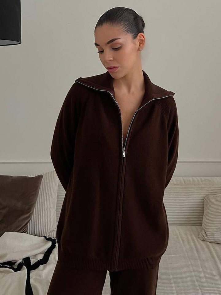 Bộ áo cardigan dệt kim khóa kéo phối quần dài ống rộng nữ — màu bột yến mạch, màu nâu, màu xám, trắng chi tiết 51