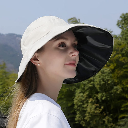 New Black Vinyl Flat Brim Sun Hat for Girls, Summer Wide Brim Sun Shield Hat, Foldable Fisherman Hat, Wholesale for Spring and Summer