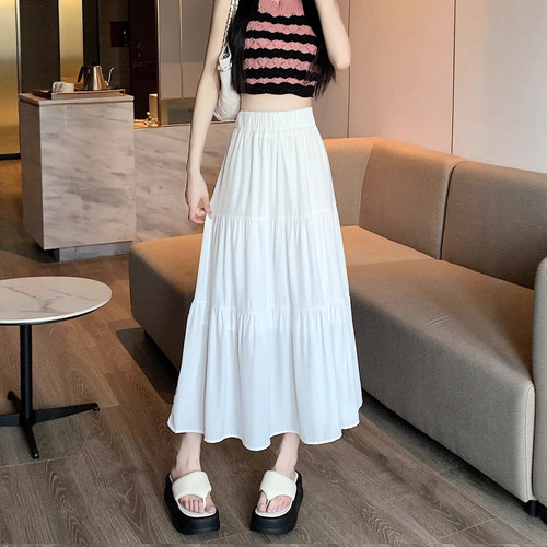 White cake skirt women's spring summer 2025 new high-waisted medium-length A-line skirt loose Korean style puffy skirt