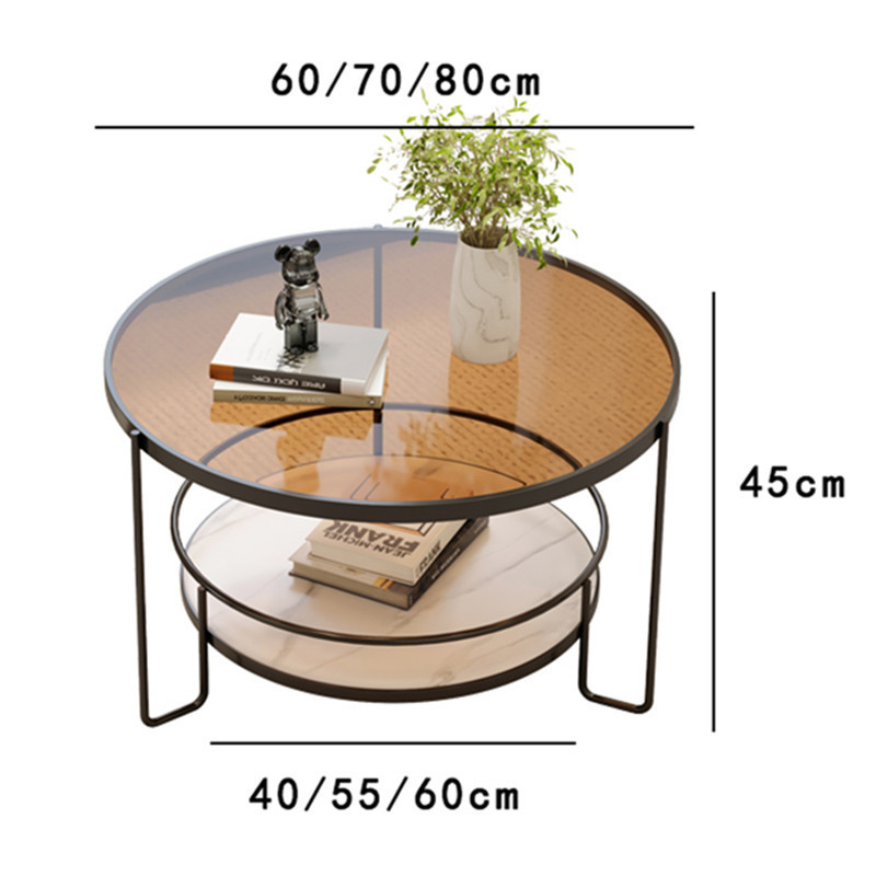 원형 커피 테이블 - 블랙 프레임 - 브라운 유리 (직경 80cm, 높이 45cm)