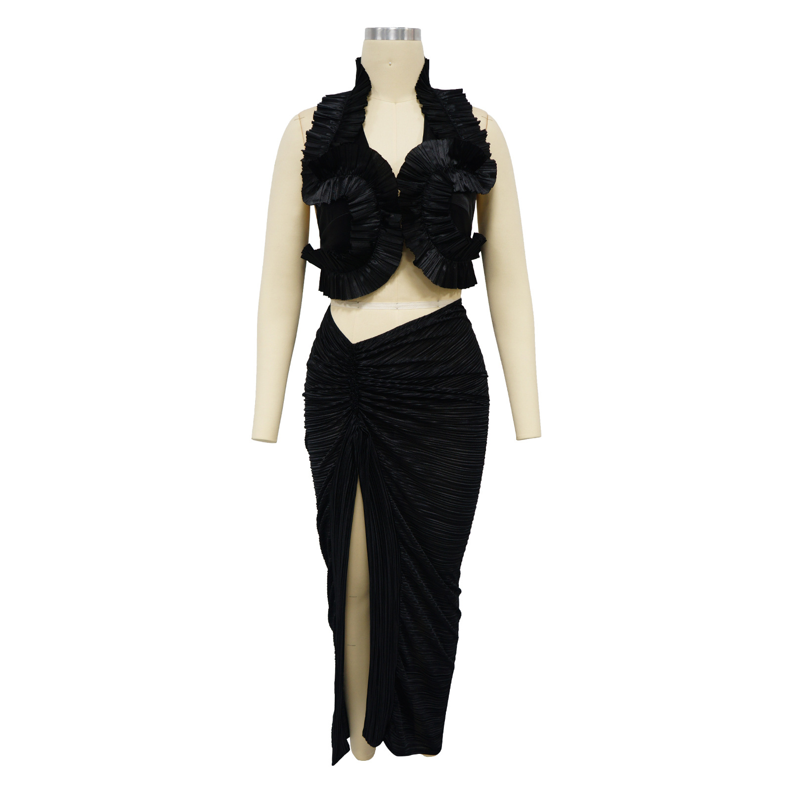 Women Wear Sleeveless Split Ruffled Pleated Skirt Set