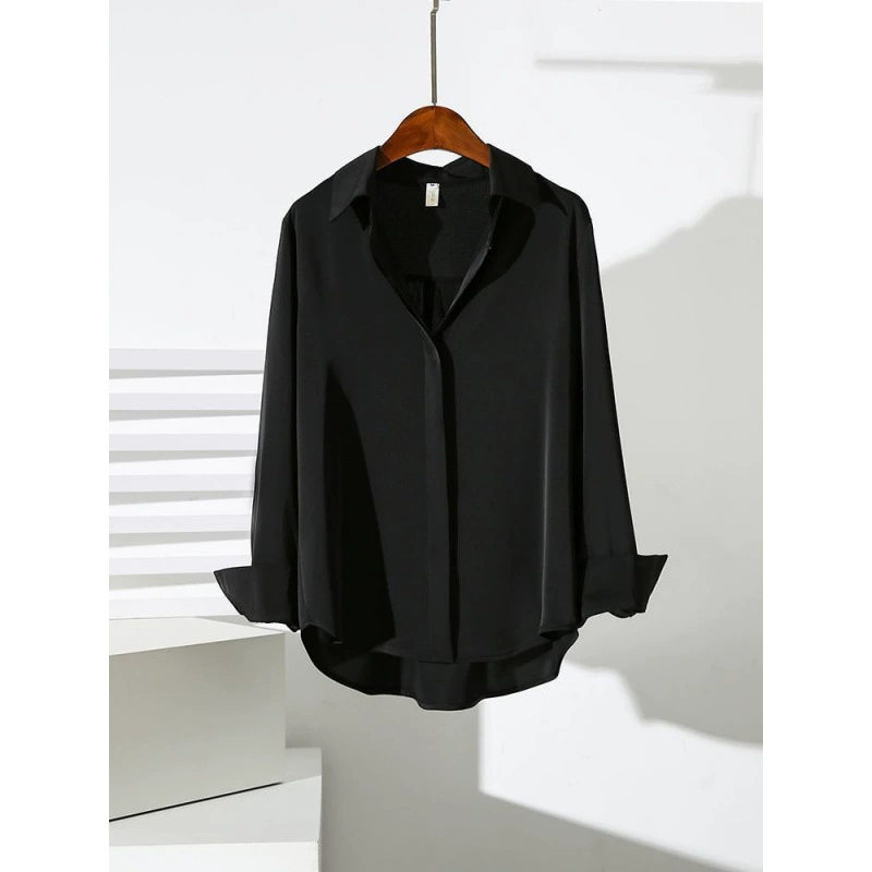 Черная драпированная ацетатная атласная рубашка для женщин, элитный весенний тонкий модный топ, рубашка во французском стиле, западный стиль