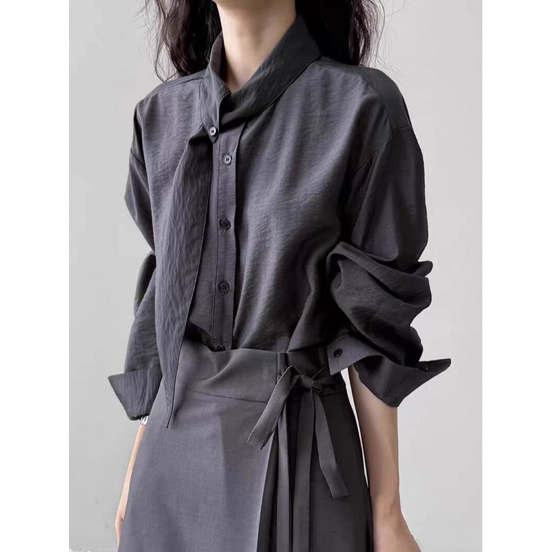 Korean-Style Scarf Collar Long-Sleeve Shirt for Women, Autumn Design Niche Long-Sleeve Top, Loose Commuting French-Style Petite Zen Meditation