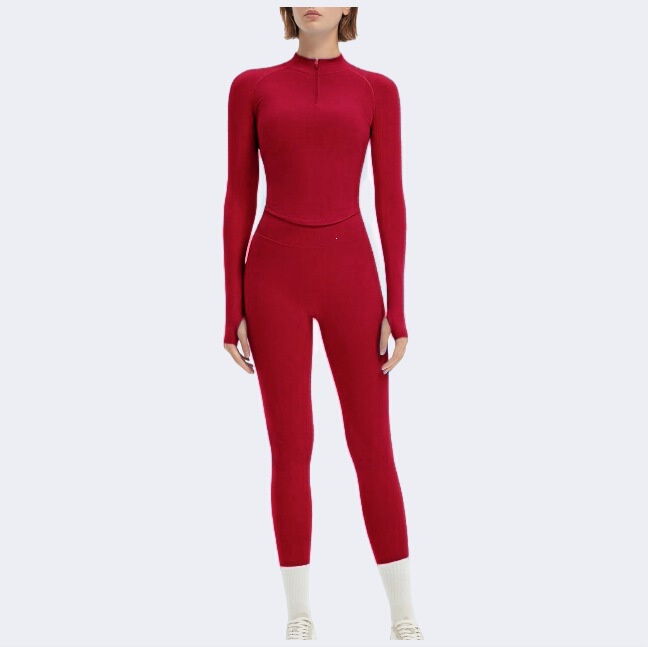 Women's Fitness 2-Piece Seamless Long Sleeve Yoga Outfit Sports Leggings Half-Zip Jacket Gym Set