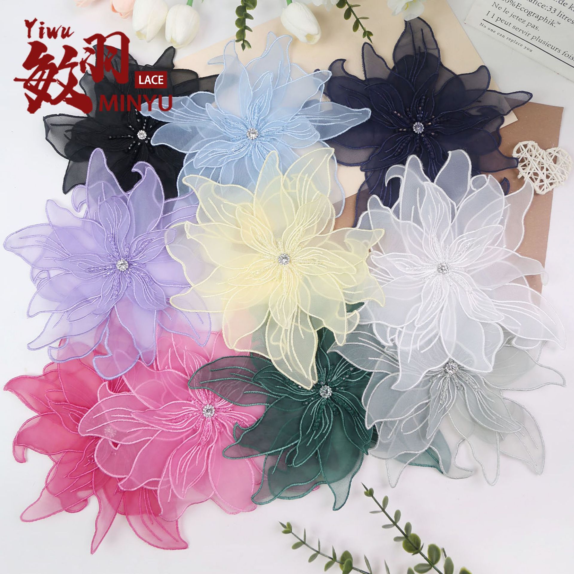 敏羽多色现货多层装饰花Diy厂家直供钻石管珠网纱花服装帽子装饰