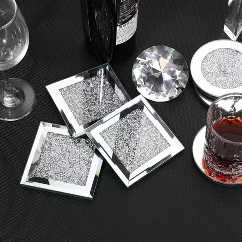 Round Coaster Placemat Cross-border Special for Broken Diamond Glass Coaster Diamond Filled Mirror Tea Mat Decoration Supplies