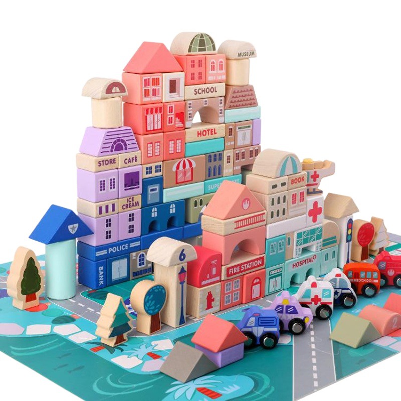 Bloques de construcción Montessori para bebés, bloques grandes de 115 piezas, bloques de construcción de ciudad estilo macaron, juguetes educativos de madera para niños, venta al por mayor.
