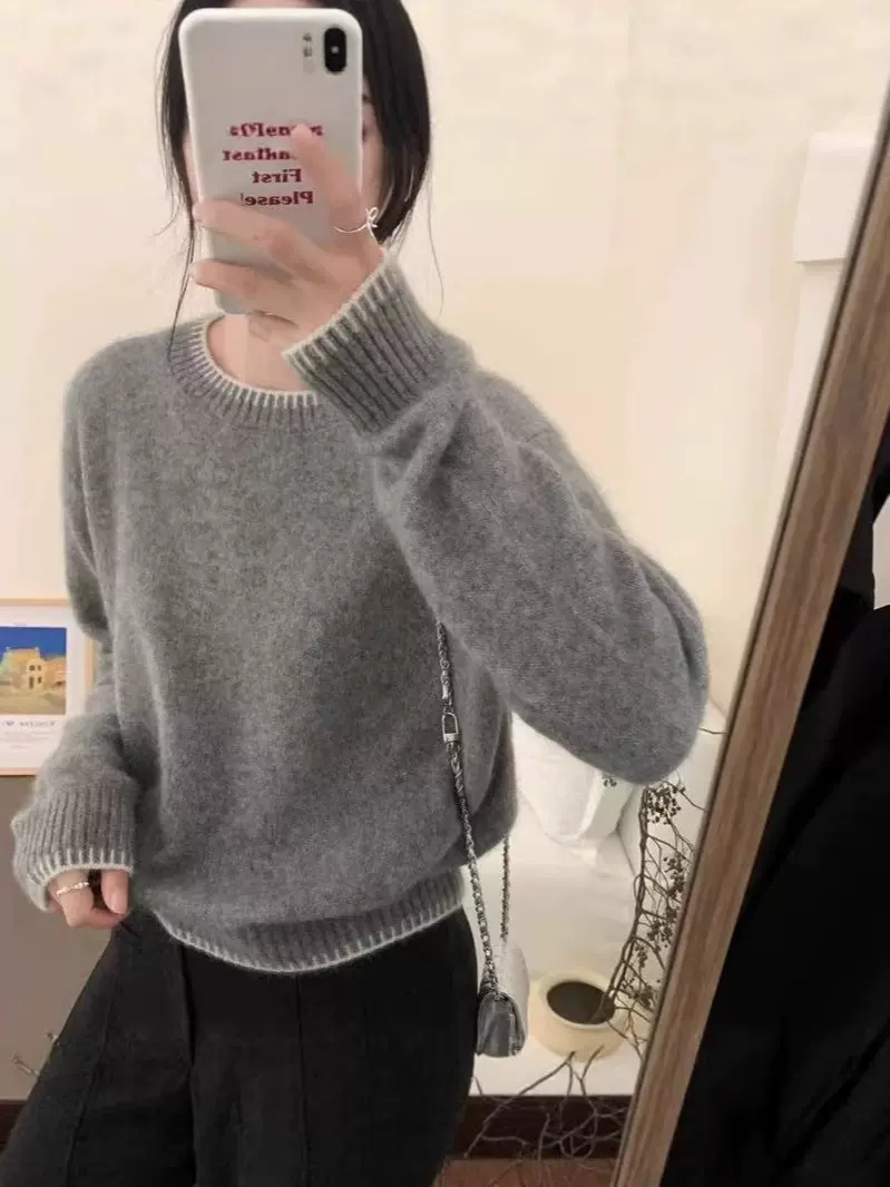 100%美丽诺羊毛衫女圆领灰色毛衣25秋冬新款欧货羊绒高端针织打底