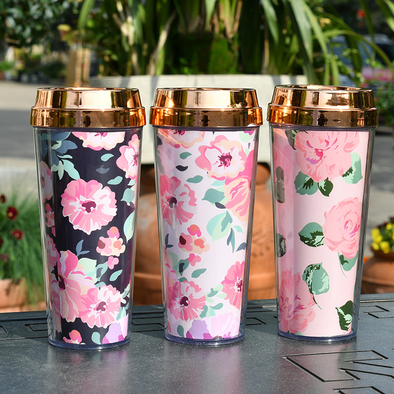 Double Layer Thickened Coffee Cup Card Flower Plastic Water Cup New Insulated Portable Water Cup display picture 1