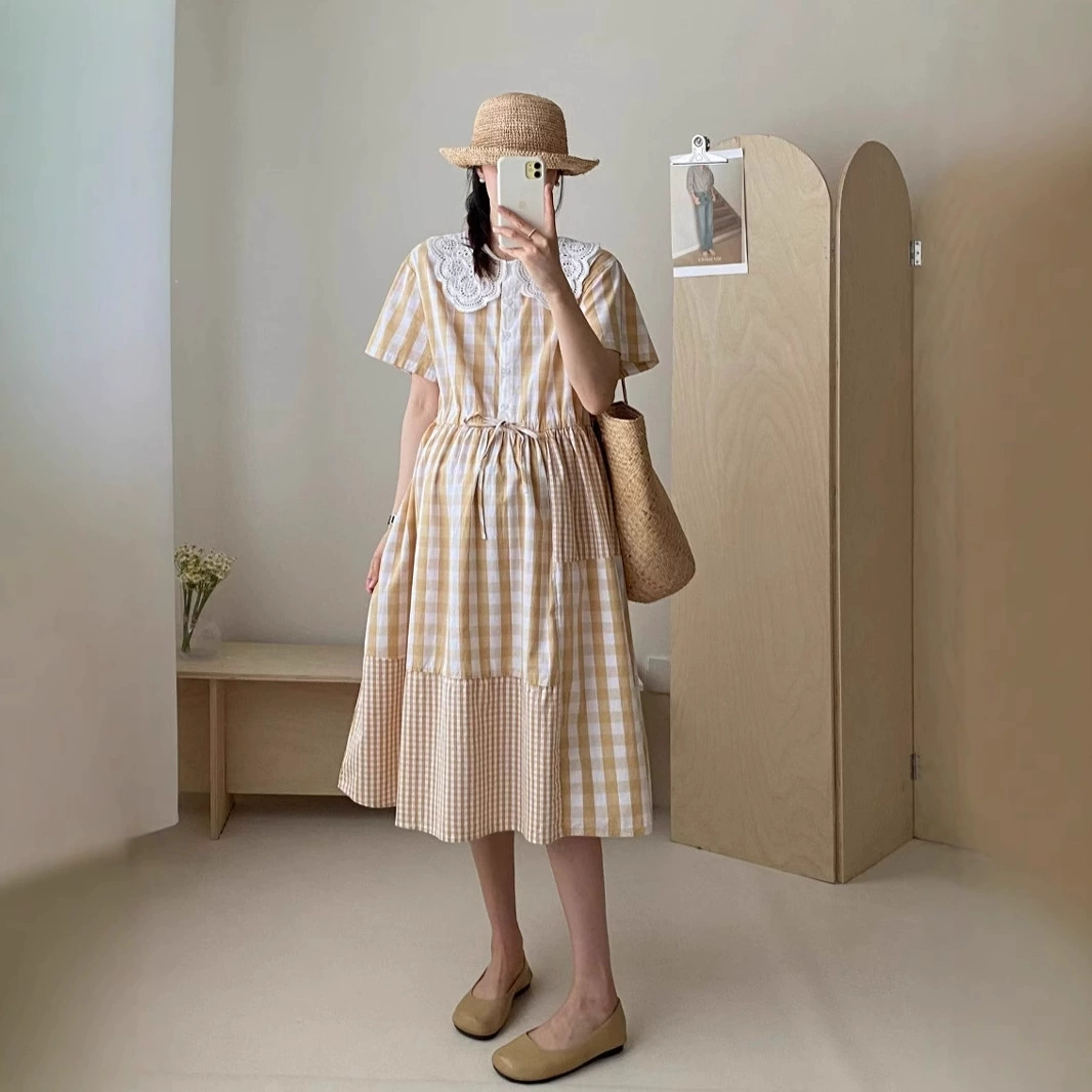 Японский литературный фанат уменьшил возраст мода одежда для беременных кружева в клетку для беременных повседневное платье с короткими рукавами