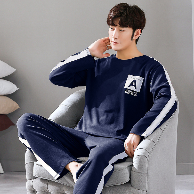 Nuevo traje de ropa para el hogar de algodón puro para hombres pijamas pantalones de algodón de manga larga para hombres delgados de primavera y otoño se pueden usar fuera suéter de cuello redondo