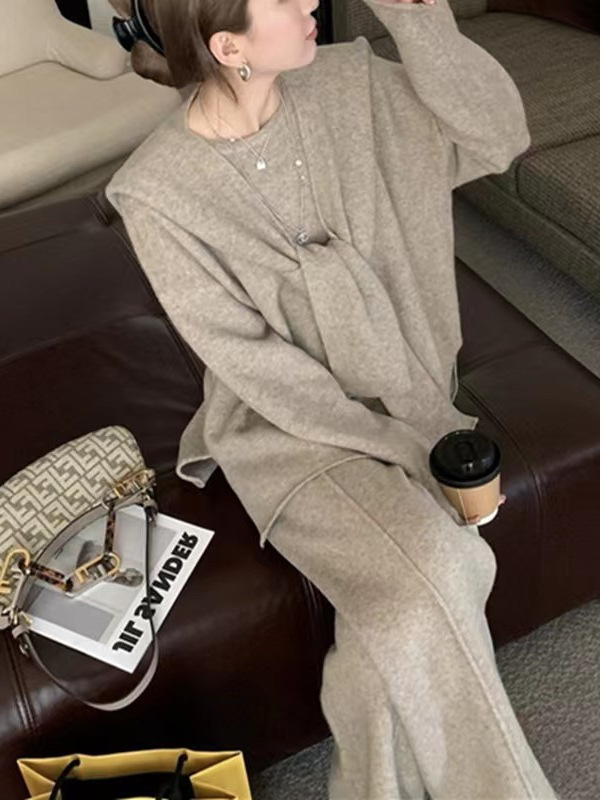 秋冬新款针织上衣+披肩+阔腿裤三件套气质休闲宽松慵懒毛衣女套装|undefined