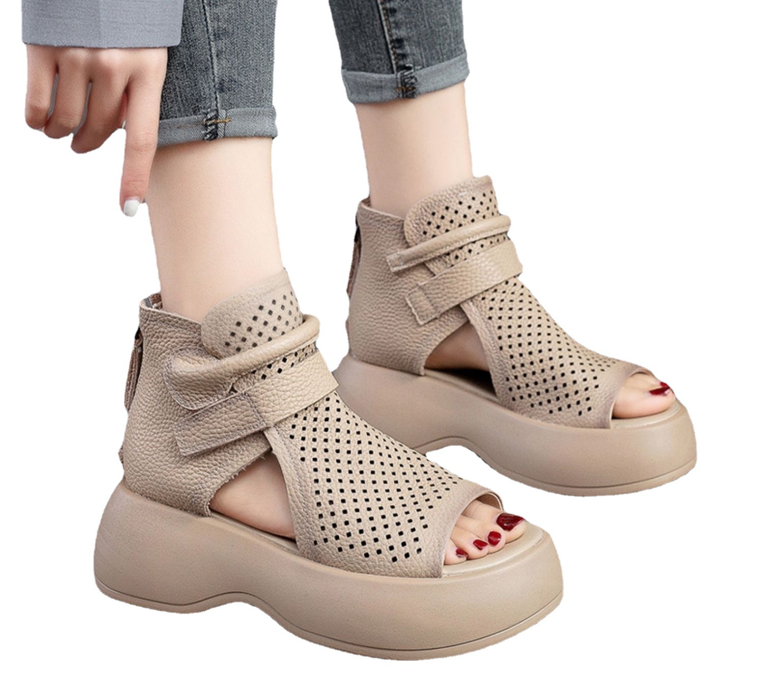 Sommer-Muffin-Sandalen mit dicken Sohlen, Oberbekleidung, Mikrofaser, Retro-Stil, hochhackige Fischmaul-Hohlstiefel, römische Damensandalen_voghion.com