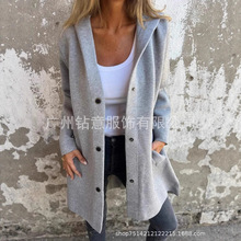 2025新款跨境外贸欧美女装秋冬季纯色单排扣连帽夹克呢子大衣外套