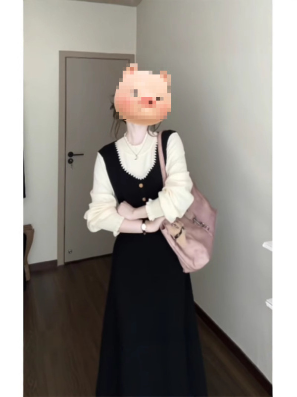 大码法式假两件针织连衣裙女秋季高级感小黑裙胖遮肚子显瘦裙子|undefined