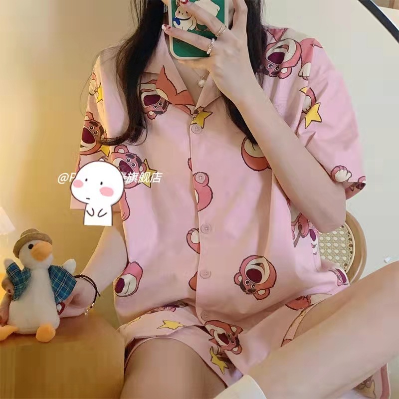 Pijamas de manga corta de verano de dibujos animados de las mujeres de estilo coreano vaca suelta ins estilo wechat celebridad en línea de dos piezas ropa para el hogar