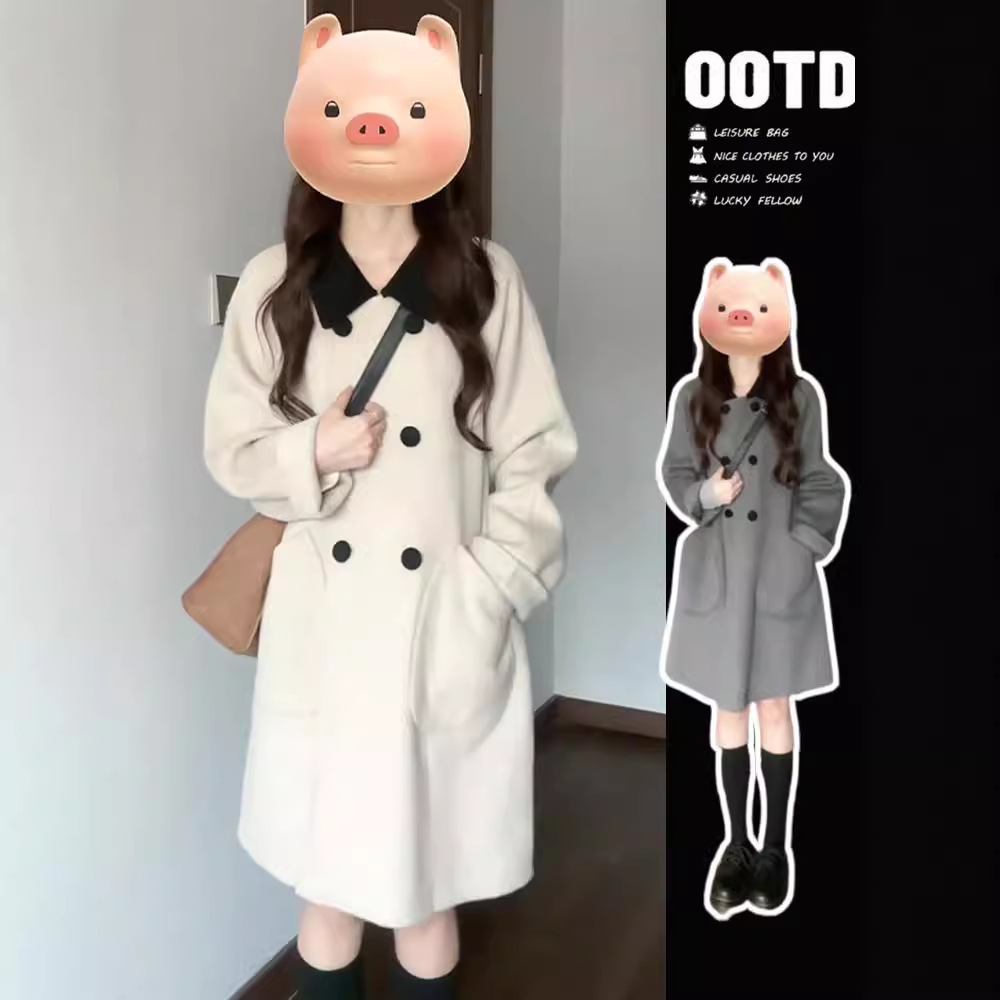 复古撞色翻领中长款呢子大衣女小个子韩版宽松显瘦百搭毛呢外套女