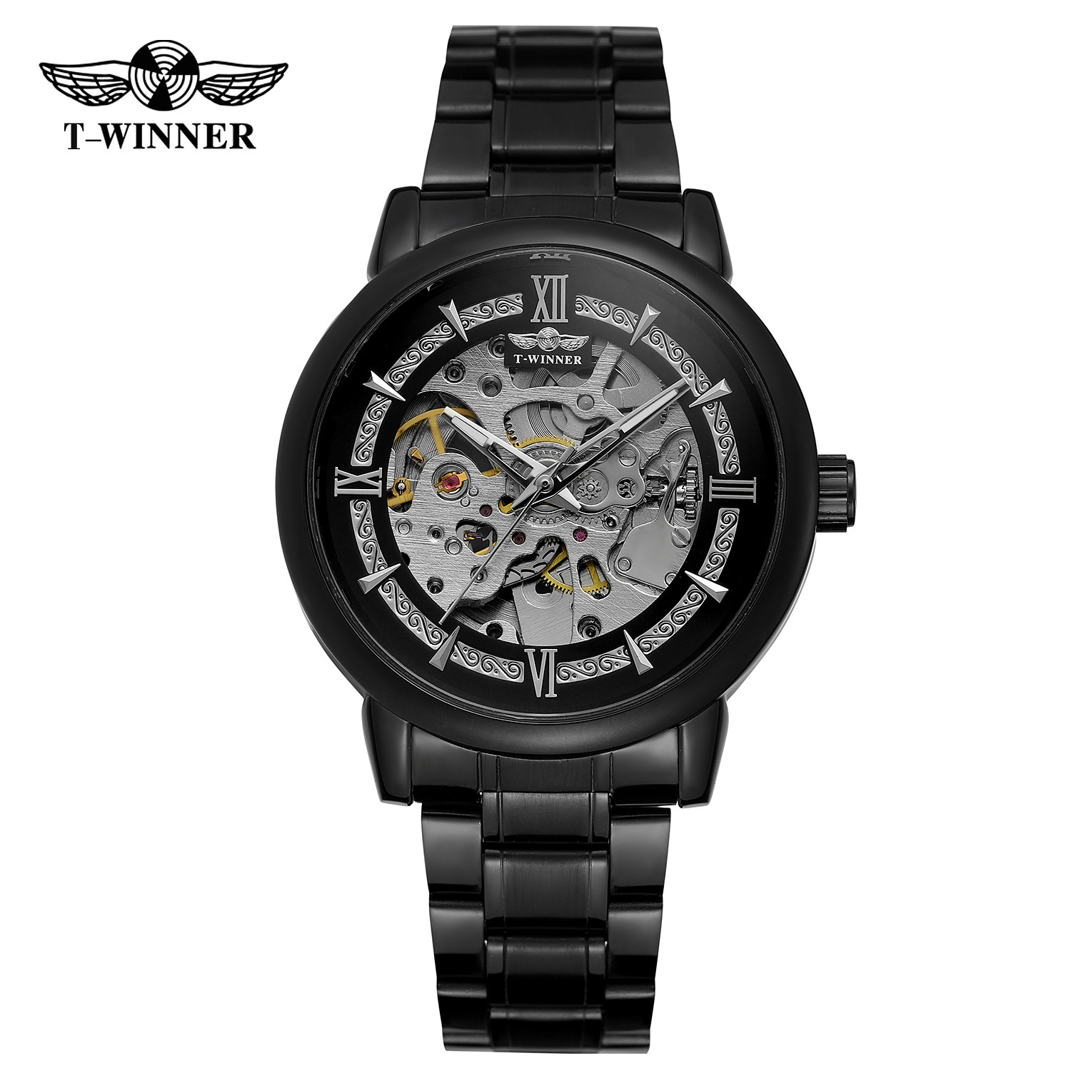 T-ganador nuevo estilo europeo y americano de moda de los hombres reloj mecánico automático reloj hueco-fuera transparente Fondo tallado literal