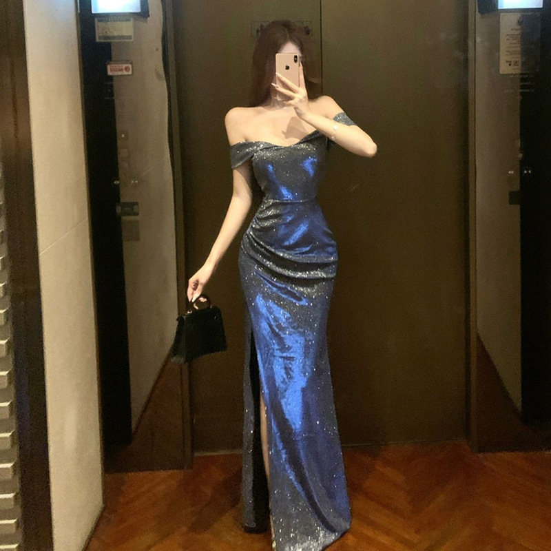 Mermaid Ji Sparkling High-End Dress Niche Light Luxury Waist Split Body-Shaping Banquet Dress Hip-Covering Long Skirt