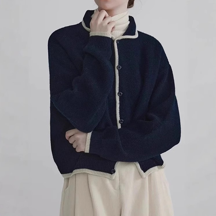 Two-Tone Hairy Contrast Thick Knit Button Sweater Cardigan