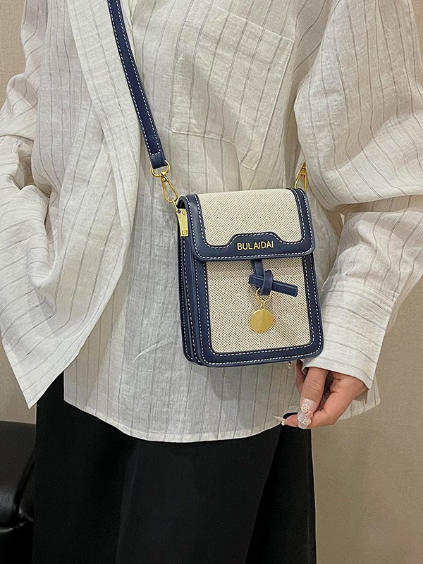 Bolso de teléfono móvil mensajero mujer 2025 comercio exterior transfronterizo sudeste asiático nuevo estilo lino contraste color costura moda pequeño bolso cuadrado