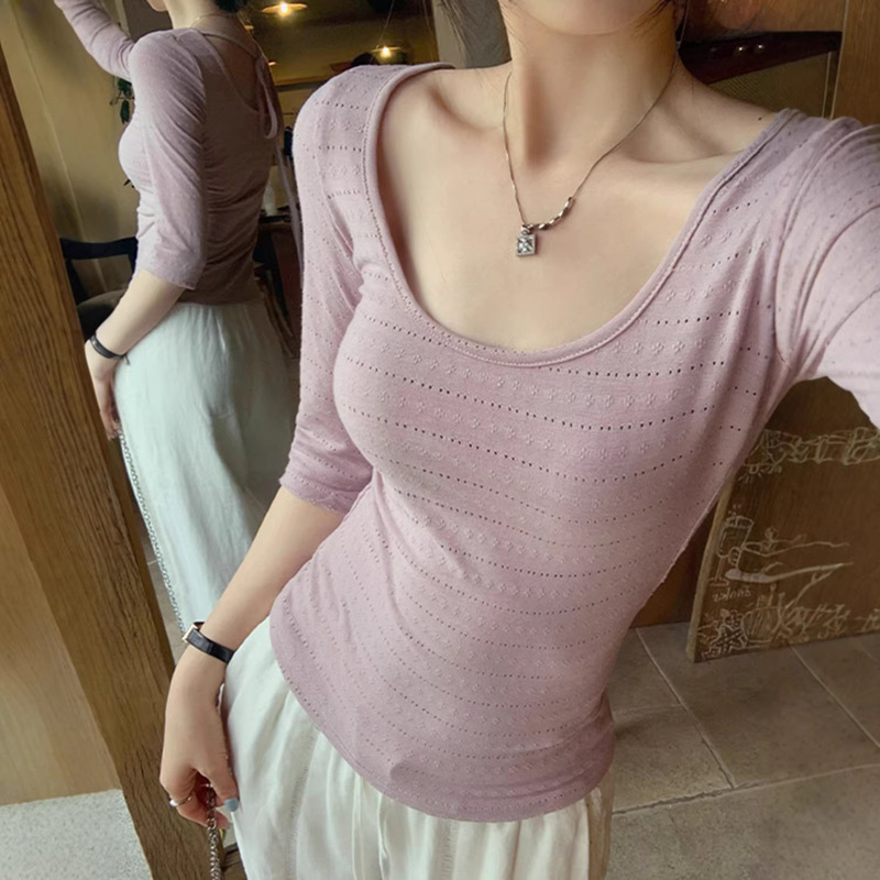 Pure Desire Style Lace-Up Backless Slim-Fit Mid-Sleeve T-Shirt for Women, 2026 Spring/Summer New Spicy Girl Slim-Fit U-Neck Top Pure Desire Style Lace-Up Backless Slim-Fit Mid-Sleeve T-Shirt for Women, 2026 Spring/Summer New Spicy Girl Slim-Fit U-Neck Top