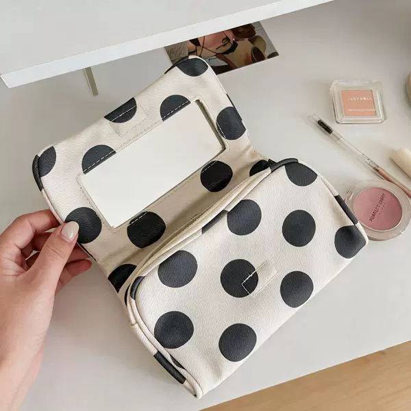 Korean-style retro polka dot flip-top small square bag, lightweight travel bag for girls, large-capacity multi-layer makeup storage bag with mirror