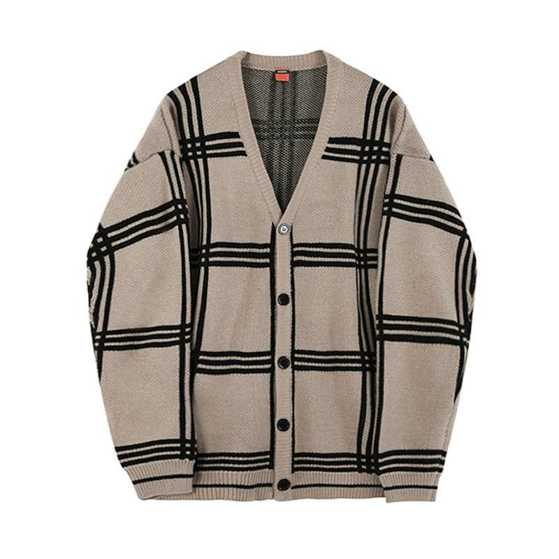 Invierno nuevo casual Plaid cardigan suéter de los Hombres estilo coreano de moda estilo perezoso abrigo suelto todo fósforo suéter moda