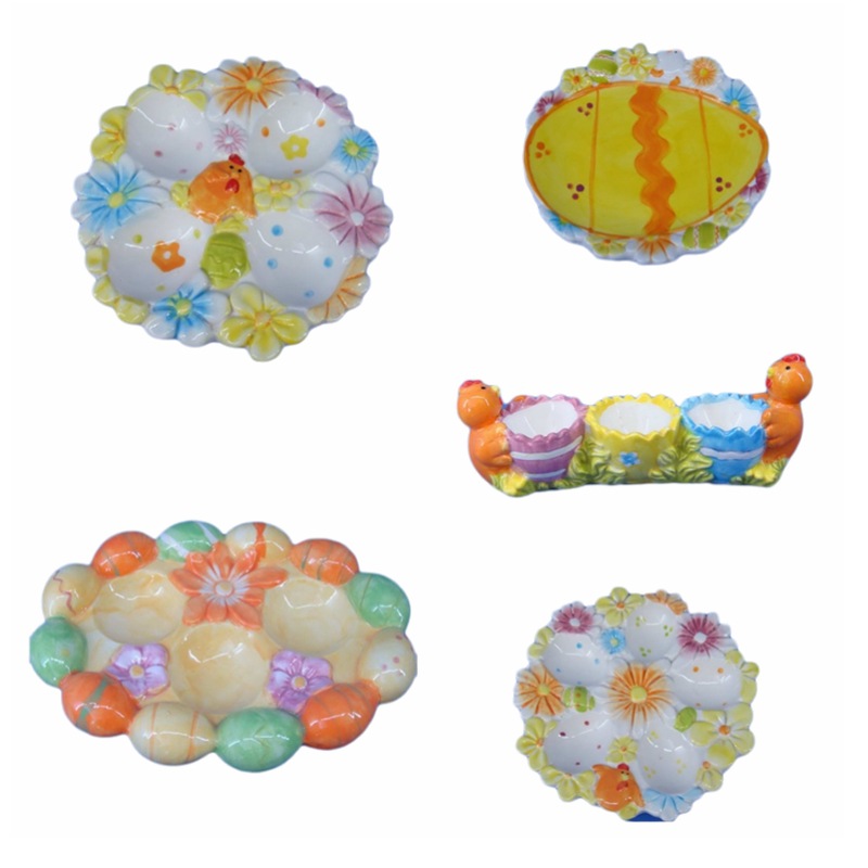 Taza de huevo de cerámica pintada a mano transfronteriza huevo plato huevo huevo cuadrícula conejo de Pascua forma huevo bandeja hecha a mano