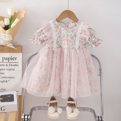 Ladies Summer Mesh Princess Dress for Girls 2024 New Style Trendy Floral Dress Cute Children's Clothing Wholesale