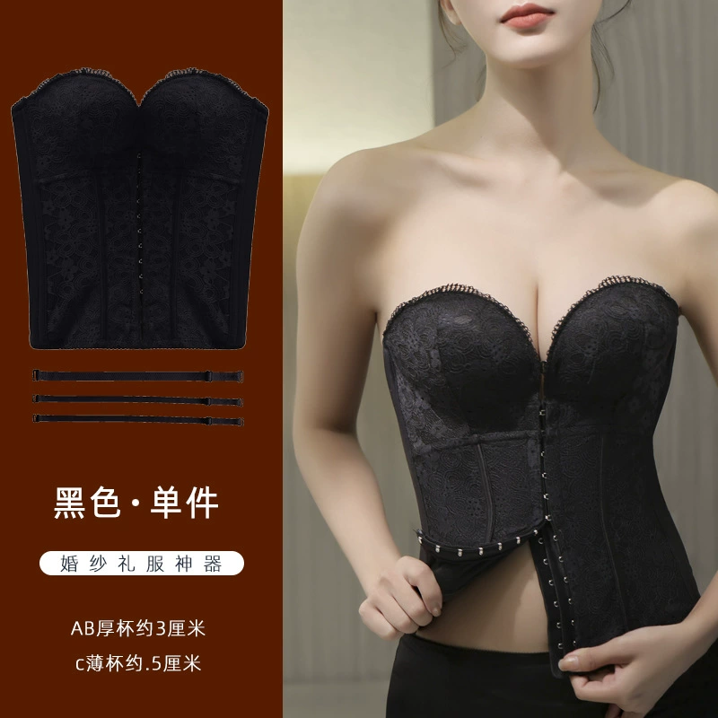 Strapless Bridal Corset Bra, Lace Waist Cincher, Front-Back Hook, Sizes 70AB–85C