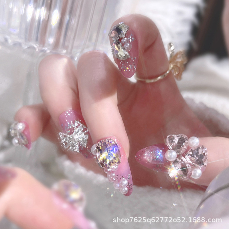 Box of 24 Pieces of Cross-Border Nail Art, Three-Dimensional Pearl Diamond Bow Barbie Pink Fake Nails, Wearable Nails