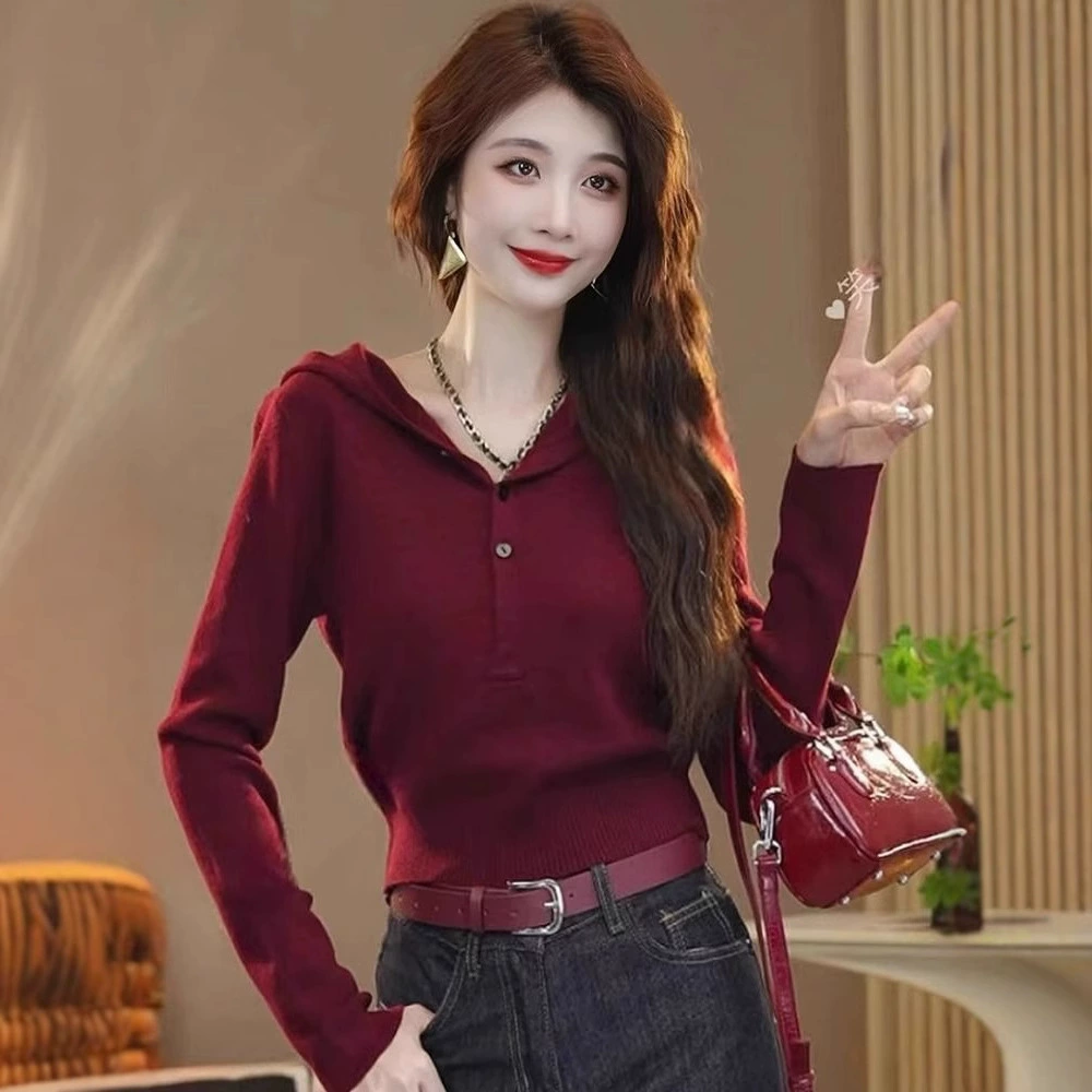 Трансграничный вязаный свитер с длинными рукавами с капюшоном 2024 Ранняя осень новая мода удобный темперамент тонкий топ