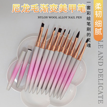 跨境新款金属杆粉色渐变美甲笔法式点钻拉线画花笔美甲笔10支套装