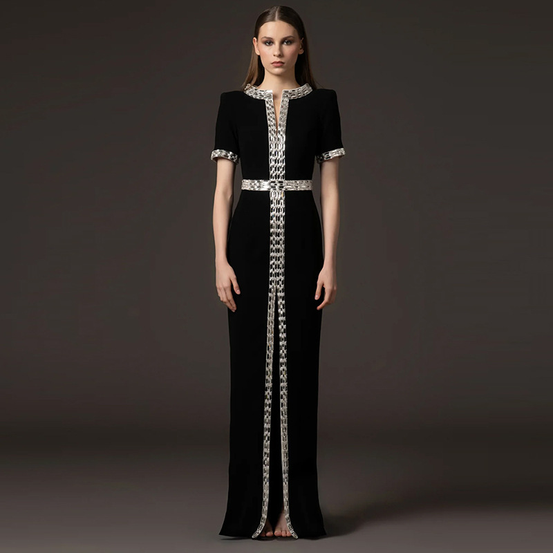 High-Quality In-Stock Long Evening Gown 2026 New Celebrity Series Heavy Beading and Rhinestone Short-Sleeve Long Dress