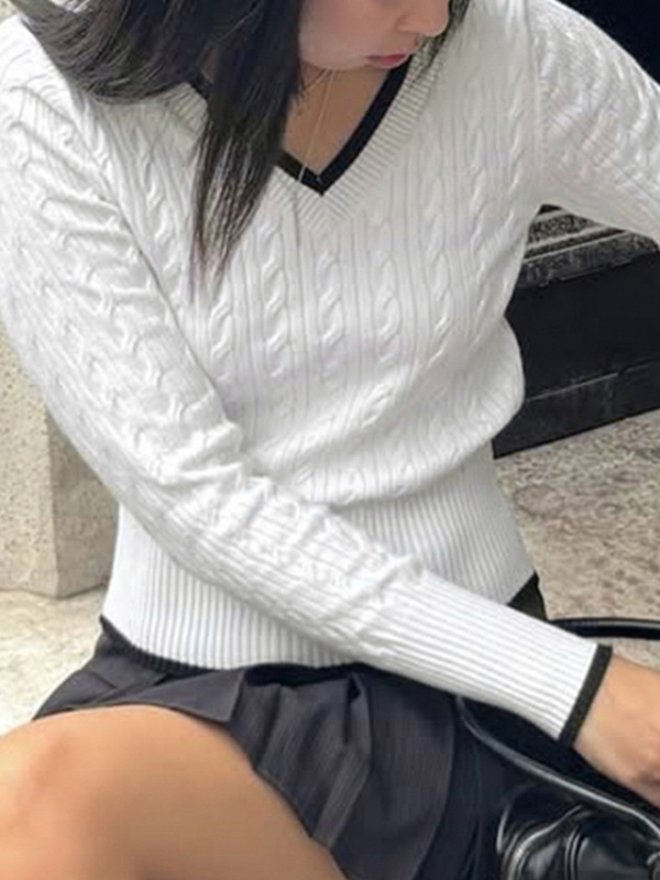 甜美清新风修身显瘦学院风毛衣少女风v领套头纯色时尚长袖上衣|undefined