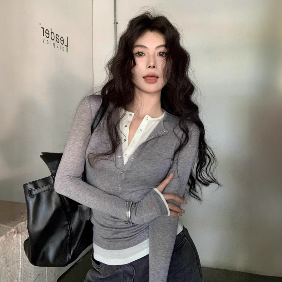가을 여성용 페이크 투피스 배색 긴팔 티셔츠 슬림핏 이너웨어 상의
